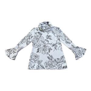 Coco Bianco Black Gray Floral Mock Turtleneck Top Bell Sleeve Knit Size M